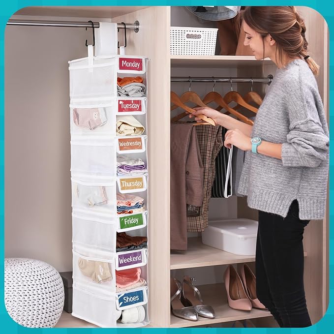 2 Pack 7 Shelf Weekly Clothes Organizer Hanging Closet for Kids with Side Pockets Weekday Shoes Rack Weekly Clothes Organizers Monday Through Weekend Foldable Storage Shelves(White)