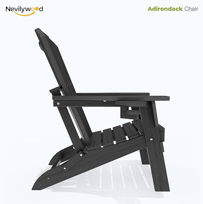 nevilywood Folding Adirondack Chair, Ergonomic Extended Backrest, HDPE All-Weather, 380lbs Capacity, Maintenance-Free, Cup Holder, （Black）- Outdoor Patio & Firepit Chair