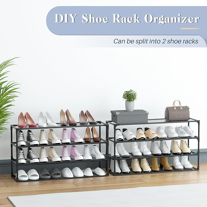TY ARTS & CULTURE 2 Pack 8-Tiers Shoe Rack Organizer, Sturdy Metal Pipes & Durable Non-Woven Fabric, Space Saving Tall Shoe Shelf Hold 64-80 Pairs, Shoe Rack for Entryway (Black)