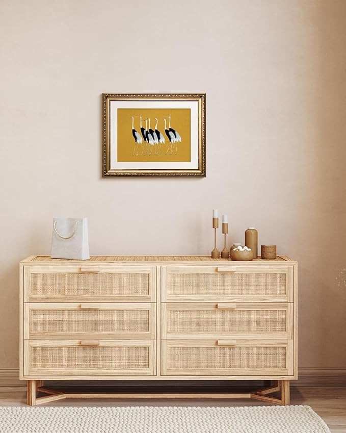 VIYYIEA Gold Framed Wall Art Canvas Print Home Decor, Vintage Cranes Wall Art for Living Room, Vintage Animal Oil Painting Picture, Print Framed Home Decor, Bathroom Wall Decor Seven Cranes 13x16in