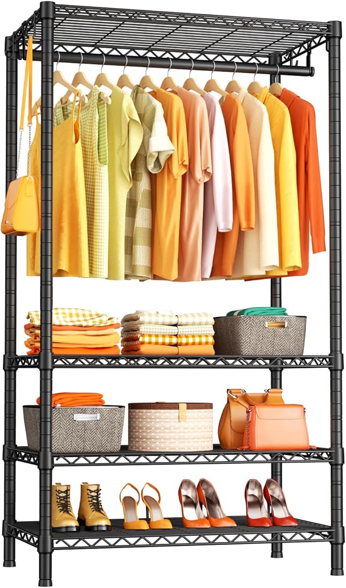 Ulif H4 Portable Closets, 4-Tier Metal Clothes Garment Rack for Bedroom and Cloakroom, Clothing Closet Storage and Organizer Wardrobe, 35.4" W x 14" D x 76.4" H, Black