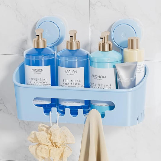 LEVERLOC Shower Caddy Suction Cup, Shower Organizer Removable Bathroom Shelf, Storage Suction Powerful Max Hold 22lbs Bathroom Caddy Waterproof Holder, Blue