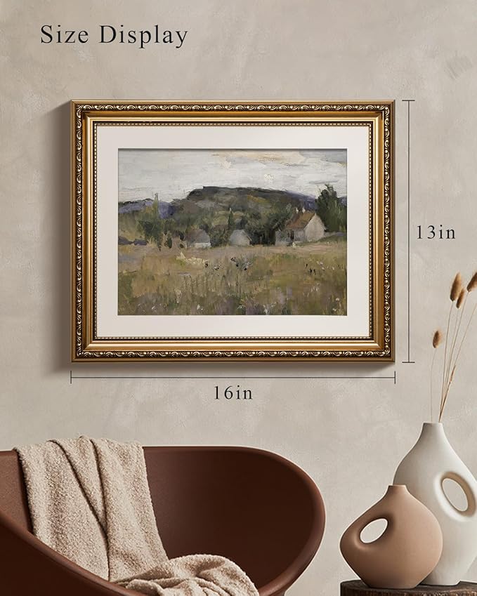 VIYYIEA Gold Framed Wall Art Canvas Print Home Decor Vintage Landscape Art Prints Wall Decor Abstract Serene Countryside Scene Wall Prints Mid Century Modern Decor for Living Room Bedroom 13x16in