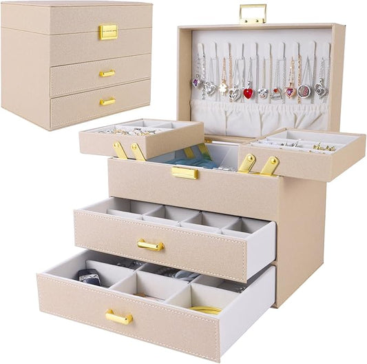 Dajasan Jewelry Organizer Box, Jewelry Holder Organizer Box, PU Leather Jewelry Box, Gift Idea for Valentine's Day, Birthday, Mother's Day, Christmas (Champagne)