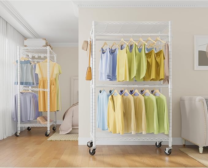 VIPEK R2 Pro Rolling Garment Rack Heavy Duty Clothes Rack with Locking Wheels Adjustable Shelves 2-Sided Hanging Rods Metal Closet Freestanding Clothing Racks, Max load 600lbs, White
