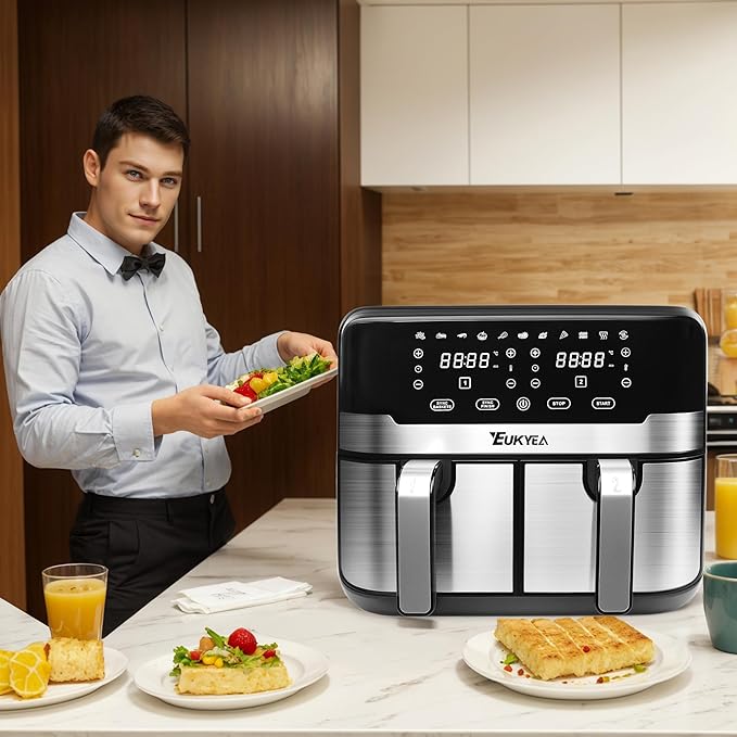 Dual Basket Air Fryer 9.5QT, 2 Non - stick Drawer Ovens with 11 in 1 Cooking Presets, Sync Cooking Finish, No Oil Required, Crispy and Aromatic, Digital Control, 2400W Power, Dishwasher Safe, Black