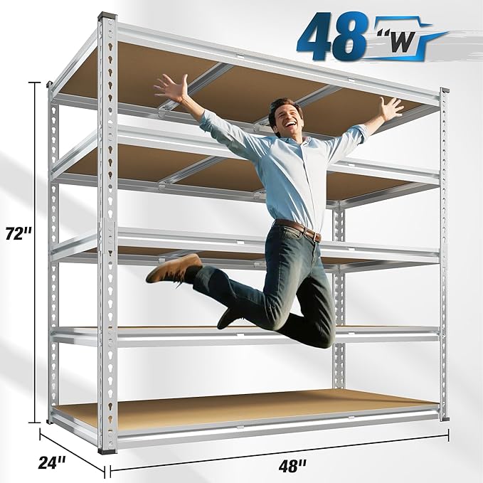 REIBII Garage Shelving, 5 Tier Storage Shelves Load 3020LBS, Adjustable Garage Shelving Heavy Duty, Metal Shelves Unit for Basement, Warehouse, 48" W x 72" H x 24" D, Galvanized