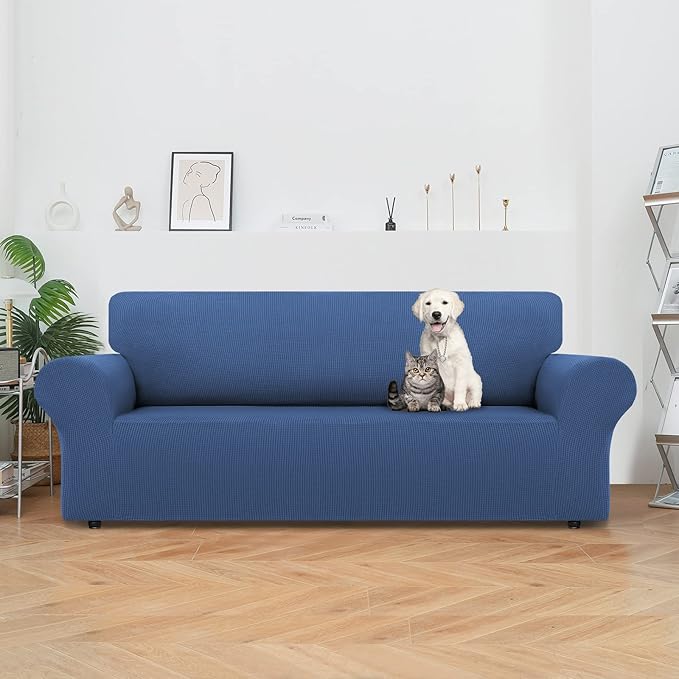 LURKA Stretch Sofa Slipcovers 1 Piece Couch Covers for 3 Cushion Couch Sofa Furniture Protector Full Sofa Covers with Elastic Bottom for Kids and Dog (Large, Blue)