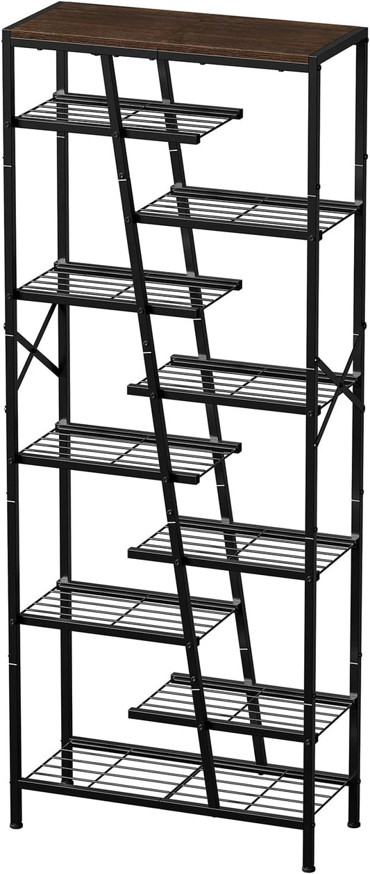 Shoe Rack, 10 Tier Boot Rack, Wooden Storage Organizer for Tall Boots, Large Capacity Metal Shoe Shelf Holds 17-20 Pairs of Shoes, Durable and Stable, for Entryway, Closet, Rustic Brown