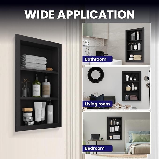 Stainless Steel Shower Niche 14" X 24"，3-Tier Shelf Niches Bathroom Shelf Recessed Wall Niche No Tile Needed Shower Shelf for Bathroom Storage(Black, 14 x 24)