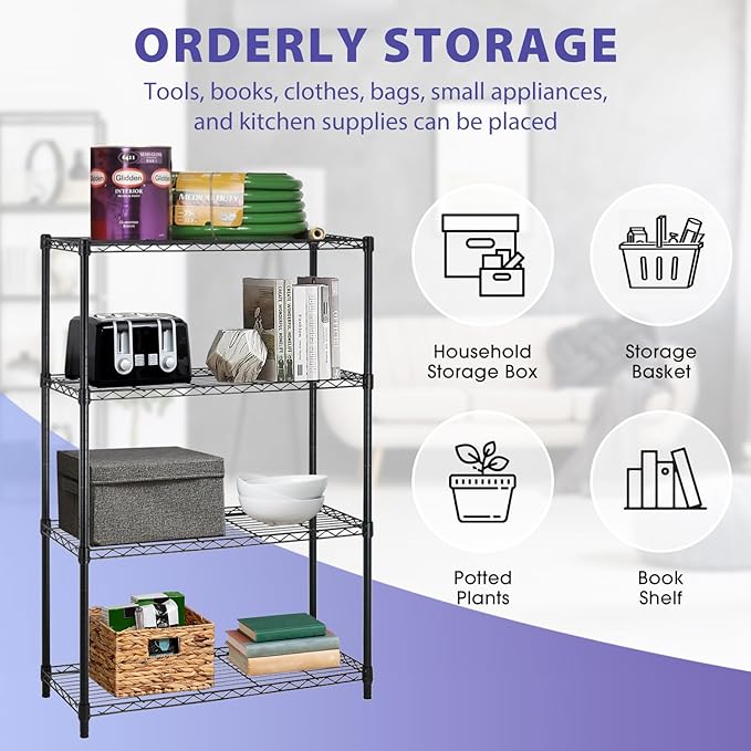 PayLessHere Shelves Shelf Storage Shelves Heavy Duty 4 Tier Adjustable Shelf 1000 lbs Total Capacity NSF Certified Height Adjustable Stable Leveling Feet Easy Assembly (Black)