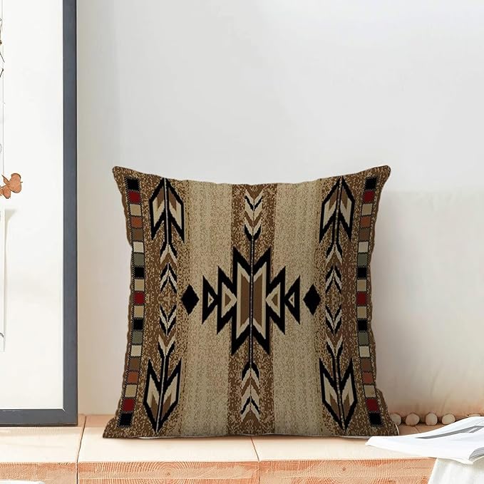 Boho Brown Carpet Throw Pillow Covers 18x18 Inch Set of 2, Rustic Tribal Decorative Throw Pillow Covers Antique Brown Linen Outdoor Cushion Cover for Sofa Couch Farmhouse Room Decor