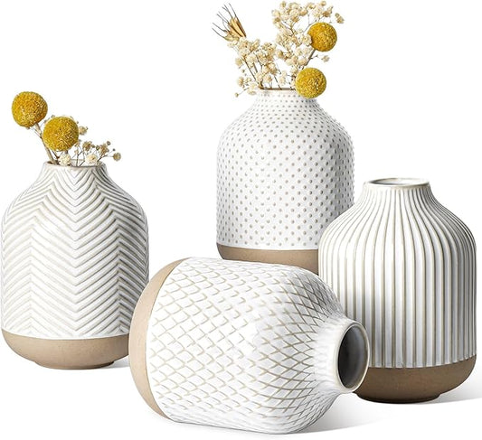 Small Boho Vase for Decor, Rustic Farmhouse Vase for Pampas Grass,Ceramic Flower Vases for Centerpieces, 5.3 Inch,Set of 4,Arctic White