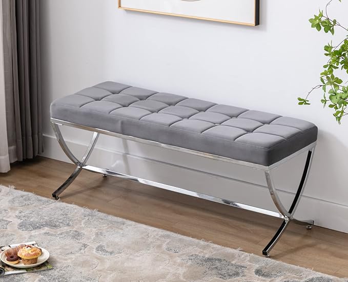 EALSON Modern Entryway Bench Velvet Upholstered Dining Bench with Metal Base Button Tufted Ottoman Bench with Padded Seat Accent Foot Bench for Bedroom End of Bed/Living Room, Grey