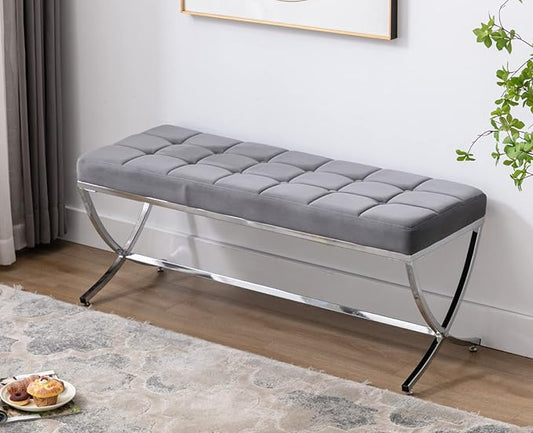 EALSON Modern Entryway Bench Velvet Upholstered Dining Bench with Metal Base Button Tufted Ottoman Bench with Padded Seat Accent Foot Bench for Bedroom End of Bed/Living Room, Grey