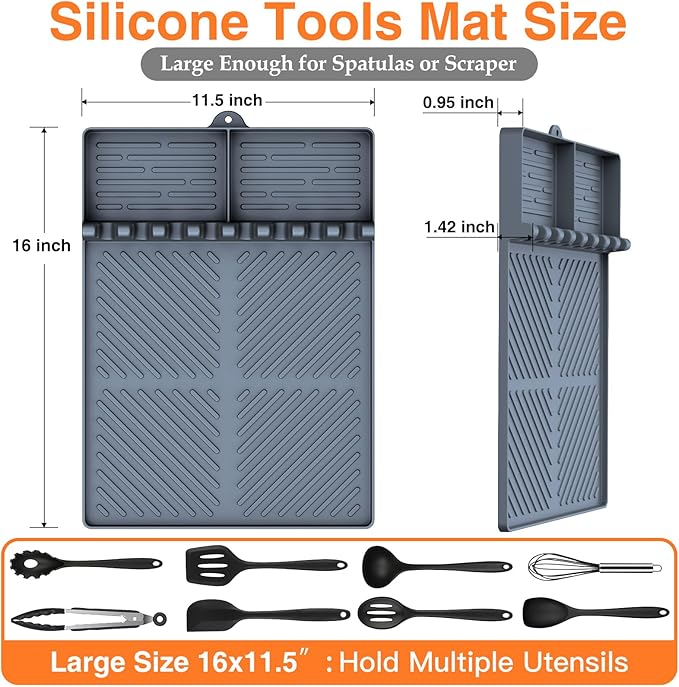 Silicone Griddle Tools Mat for Blackstone, Griddle Accessories Side Shelf Mat Grill Pad for Outdoor Grill Kitchen Counter Spatula Silicone Mat with Drip Pad (Grey)