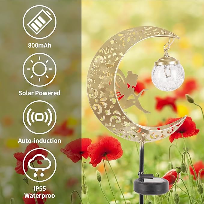 Solar Lights Outdoor Waterproof Fairy Moon Crackle Glass Lights with Metal Angel Decor for Walkway Yard Patio or Garden Gifts for Mom Grandma Friends