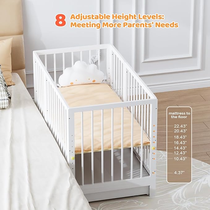 JOYMOR 8 in 1 Convertible Crib with Changer, Include 2” Mattress, Converts to Bassinet, Mid Crib, Full Size Crib, Daybed,Toddler Bed and Playard (Crib with Drawer, White)