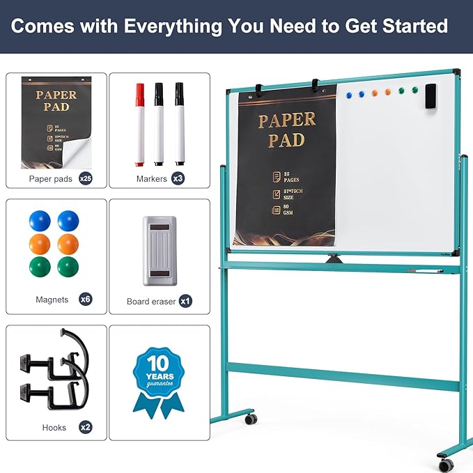 Mobile Whiteboard on Wheels, 48x32 Inches Rolling Whiteboard, Magnetic Dry Erase Board with Stand, Standing White Board for Office, School, Home, Large Double Sided White Board with Paper Pad