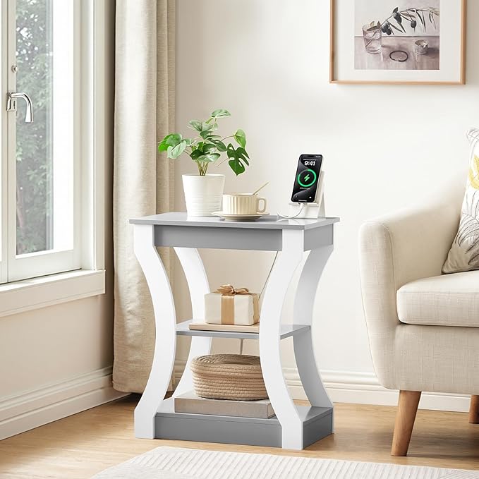 End Table with Charging Station, Set of 2, Side Table with USB Ports and Outlets, 3 Tier Nightstand with Storage Shelf for Small Spaces, Living Room, Bedroom, Grey ETSW53E01S2