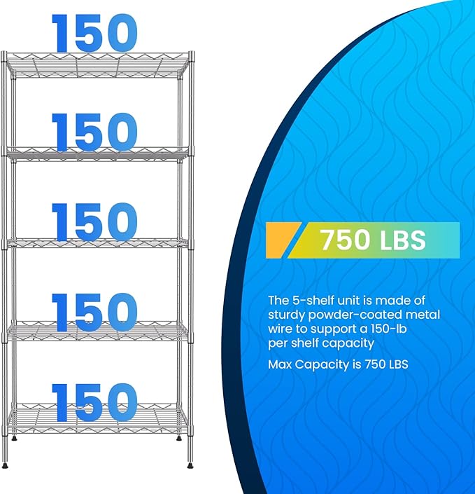 PayLessHere Shelf Metal Shelf Wire Shelving NSF Certified 5 Tier Adjustable Shelf Versatile Storage Solution Steel Organizer Wire Rack Easy Assembly, Chrome