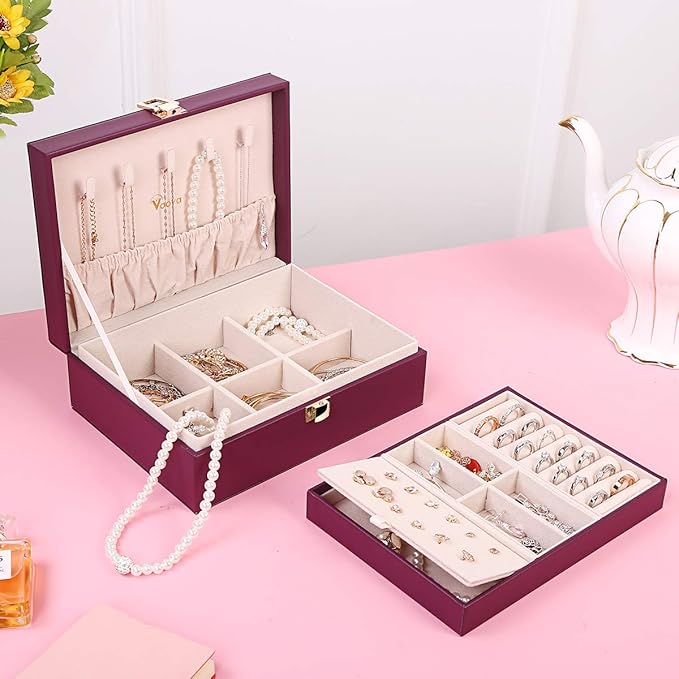 Voova Jewelry Box Organizer for Women Girls, 2 Layer Large Men Jewelry Storage Case, PU Leather Display Jewellery Holder with Removable Tray for Necklace Earrings Rings Bracelets, Vintage Gift, Purple
