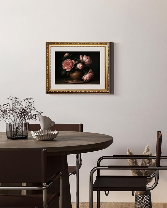 VIYYIEA Gold Framed Wall Art, Pink Peony Canvas Print Home Decor Vintage Art Painting Picture Bathroom Wall Decor, Flowers Artwork for Living Room Bedroom Kitchen Office - 16L x 13W
