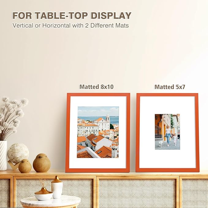 KINLINK 11x14 Picture Frame Orange, Solid Wood Frames with Acrylic Plexiglass for Pictures 5x7/8x10 with Mat or 11x14 without Mat, Tabletop and Wall Mounting Display, Set of 4