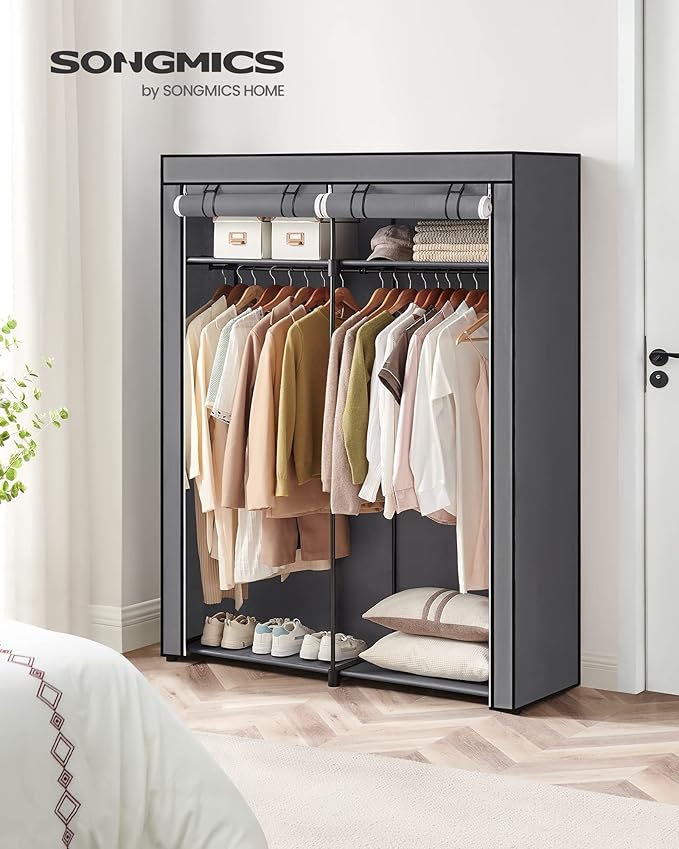 SONGMICS Closet Wardrobe, Portable Closet for Bedroom, Clothes Rail with Non-Woven Fabric Cover, Clothes Storage Organizer, 55.1 x 16.9 x 68.5 Inches, Gray URYG02GY