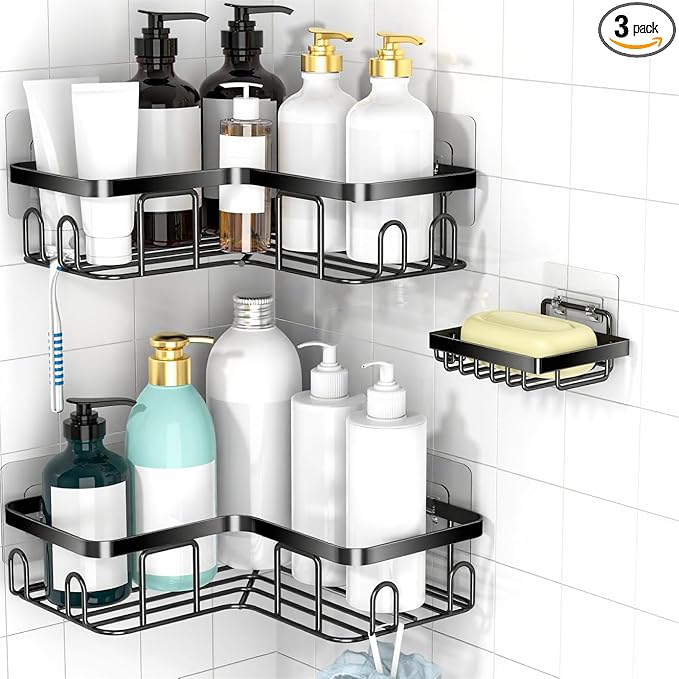 MOFOROCO 3-Pack Corner Shower Caddy Organizer Shelf, Organization with Soap Holder, Adhesive Shower Shelves Rustproof for Bathroom Shower Storage Basket Shower Accessories(Matte Black) (JLJ001)