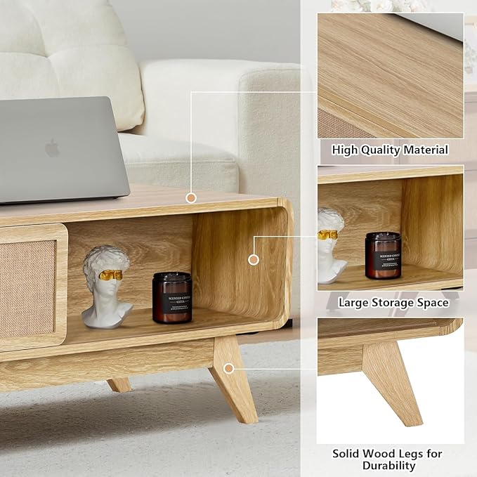 AVZEAR Boho Modern Coffee Table with Storage for Living Room, Wood Coffee Table with Nature Linen Doors, Curved Edge Center Table Farmhouse Coffee Tables for Living Room, Natural Color