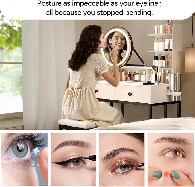 Small Vanity Desk with Mirror for Bedroom: Compact Makeup Table Set with Lights - 31.5 inch White Dresser Vanities with Chair for Girls