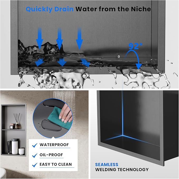 POPFLY 12"×24" Dark Grey Stainless Steel Shower Niche, Double Shelf Bathroom Insert Niche No Tile Ready Needed Recessed Two Tier Wall Niches for Shower