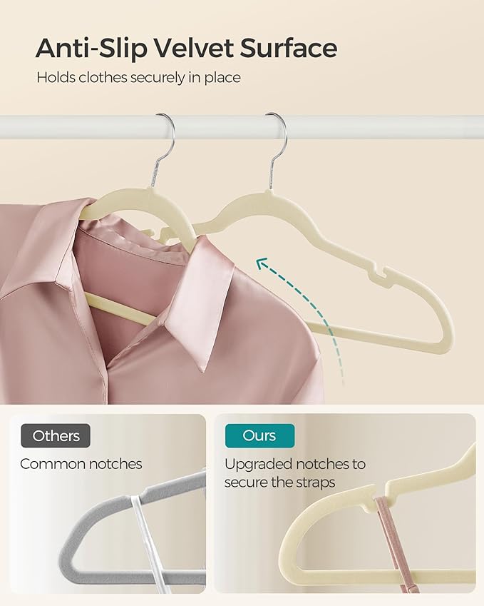 SONGMICS Velvet Hangers 50 Pack, Non-Slip Clothes Hangers, Suit Hangers with Shoulder Notches, Pants Bar, 360° Swivel Hook, Space-Saving, for Closet, Surmmer Sand UCRF029K05