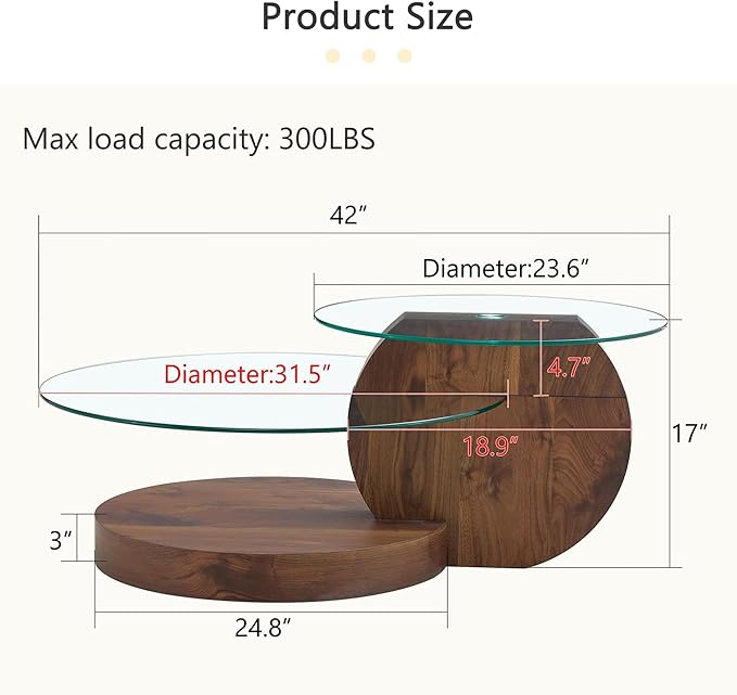 Glass Coffee Table, Modern Round Glass Coffee Table with Wooden Base, 3 Tier Round Coffee Table, Clear Cocktail Table with Storage for Living Room, Office, Balcony, Walnut