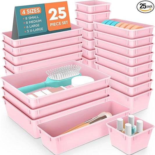 25 PCS Plastic Drawer Organizer Set, 4-Size Versatile Organizer Trays & storage Bins for Makeup, Jewelry, and Gadgets in Bathroom, Bedroom and Office, Pink