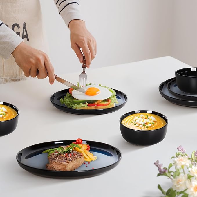 Romswi Dinnerware Set for 4, 16Pcs Stoneware Plates and Bowls Sets with Mugs, Chip & Scratch Resistant Dish Set, Handmade Reactive Glaze, Oven,Microwave and Dishwasher Safe, Dreamy Moonlight-Blue