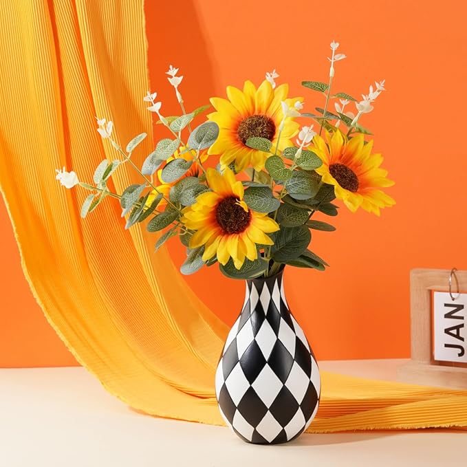 Black and White Decorative Vase for Home Decoration,Plaid Living Room Flower Vase Simple Modern Home Decoration Ornament Desktop Study Decorative Flower Arrangement