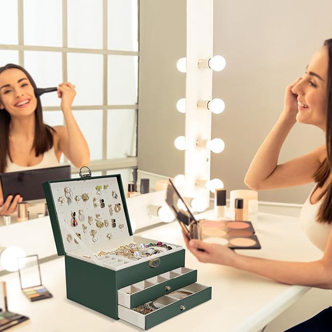 3-Layer Jewelry Box for Women, Jewelry Organizers and Storage with Removable Jewelry Tray, Vintage Quilted Top Lockable Jewelry Holder Gift Idea Dark Green