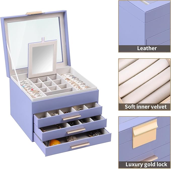 BOOVO Clear Lid Jewelry Box,4 Layers Jewelry Organizer Large Jewelry Storage Box with 3 Drawers,Jewelry Holder Organzier of Rings Earrings Necklace Bracelets for Women (Purple, 4 Layer)