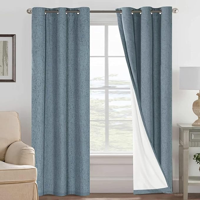 H.VERSAILTEX Primitive Linen Curtains 100% Blackout Curtain Drapes Burlap Curtains with White Thermal Insulated Liner, Grommet Top Drapes Living Room/Bedroom (2 Panels, 42 x 84 Inch, Stone Blue)