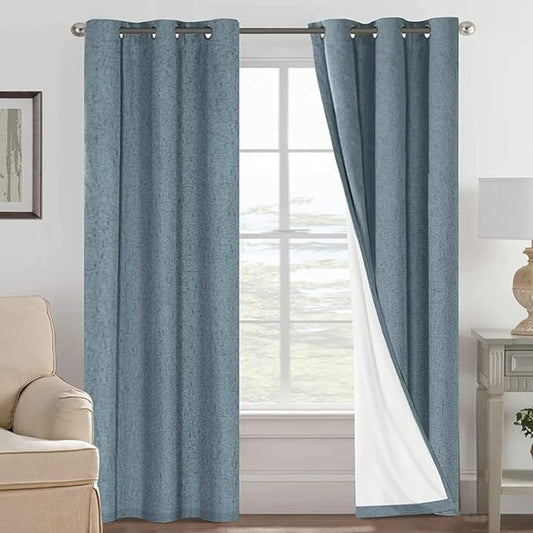 H.VERSAILTEX Primitive Linen Curtains 100% Blackout Curtain Drapes Burlap Curtains with White Thermal Insulated Liner, Grommet Top Drapes Living Room/Bedroom (2 Panels, 42 x 84 Inch, Stone Blue)