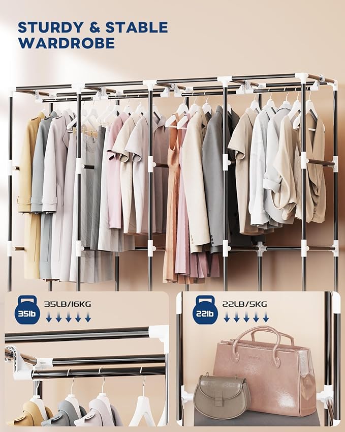 Mavivegue Portable Closet Wardrobe, Clothes Organizer with 4 Hanging Rods, Non-Woven Fabric Cover, Large Capacity Storage for Bedroom and Living Room,Gray, 67" W x 17" D x 67" H