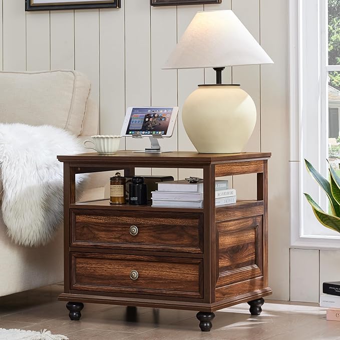 24" Wide Farmhouse Night Stand Set of 2,Large End Table with 2 Drawers & Metal Handle,Brown Wood Dresser for Bedroom, Bed Side Table Chest of Drawers Cabinet, Nightstand for Living Room,Closet