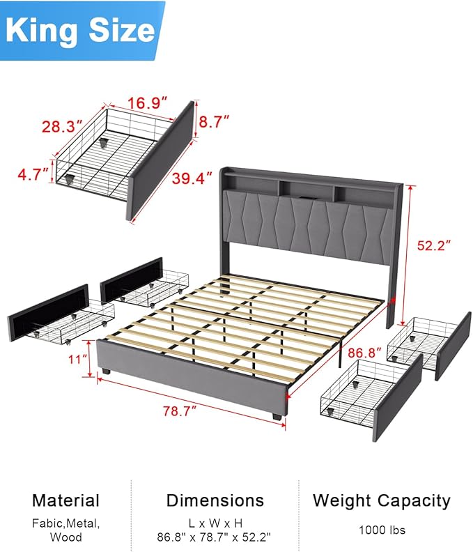King Size Bed Frame, Velvet Upholstered LED Platform Bed with Headboard Storage, Bed Frame King Built-in Charging Station with 4 Drawers, Wood Slat Support, No Box Spring Needed, Grey