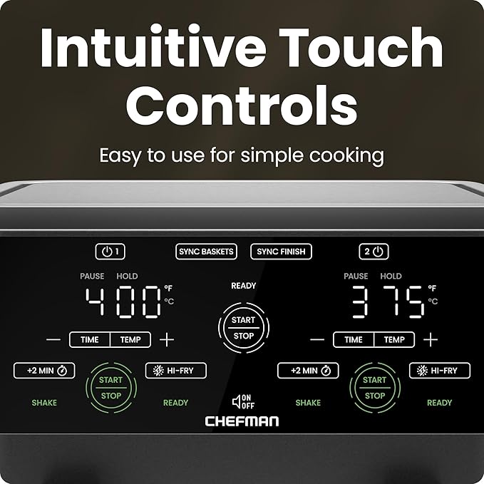 CHEFMAN 6 Quart Dual Basket Air Fryer Oven with Easy View Windows, Sync Finish, Hi-Fry, Auto Shutoff, 2 Independent 3Qt Nonstick Dishwasher Safe Frying Baskets, Digital Double Air Fryer - Black