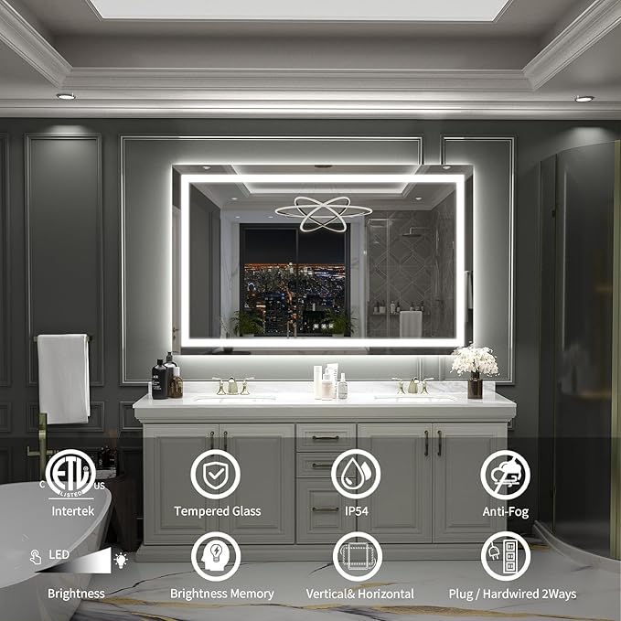 LED Mirror for Bathroom, 57x36 Inch Backlit + Front Lighted Bathroom Vanity Mirror with Lights for Wall, Double Light Strips, 3 Colors, Shatter-Proof, Anti-Fog and Brightness Memory