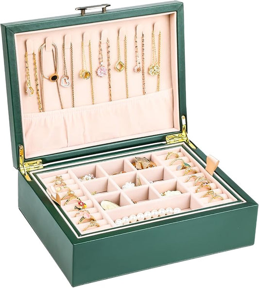 Small Jewelry Organizer for Women, 2-Layer Travel Jewelry Box with Portable Case, Necklace Ring Storage for Dresser, Girls Teens Gifts (Green)