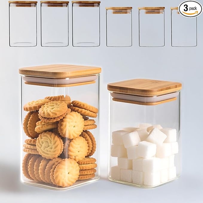 38 oz Glass Food Storage Jars with Airtight Lids, Clear Glass Jar with Bamboo Lid, Airtight Food Canister for Tea, Candy, Coffee, Sugar, Cookie, Snack. (Square| 5+6 Inch) SET of 3
