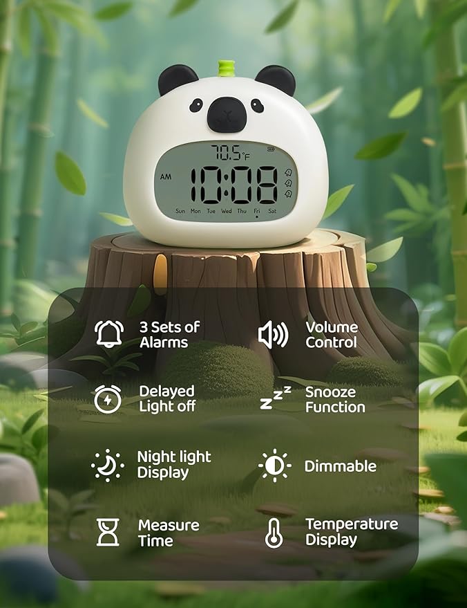 Panda Sleep Trainer Alarm Clock for Kids, LCD Night Light Dimming, USB Rechargeable, 3 Alarms Timer Wake up Helper for Boys & Girls Bedroom Decor Gifts